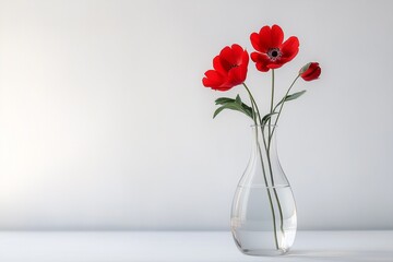 Fototapeta premium Red flowers in a clear glass vase on a simple table and white wall