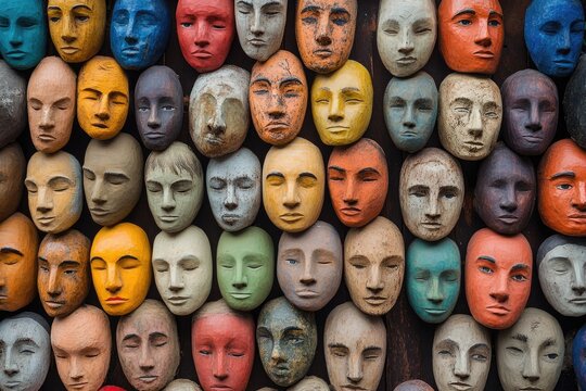 Colorful masks hanging on a dark wooden wall representing diverse human emotions