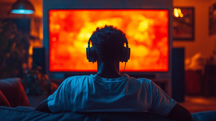 Obraz premium A Young man wearing sleek headphones, sitting in front of a large, ultra-thin modern television, glowing screen reflecting on their face, casual posture, stylish contemporary clothing