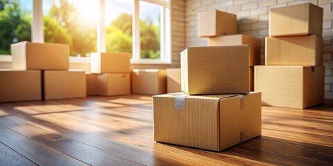 Macro photography showcasing isolated cardboard boxes on wooden floors, ideal for home relocation and moving resources, perfect for real estate promotions and packing solutions.