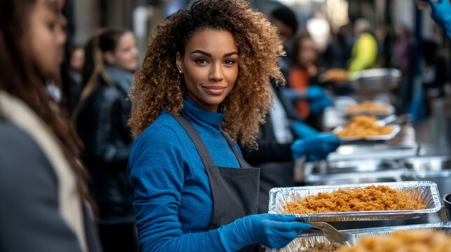 Volunteers Serving Food at a Community Event.Concept of food security, community service, humanitarian aid, charity, social responsibility, volunteerism, and poverty alleviation.