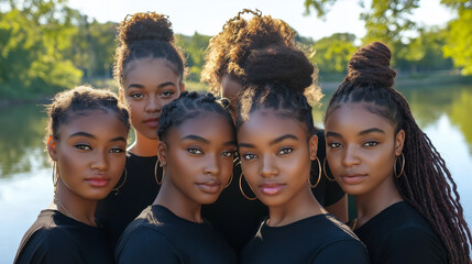 group of five or more africian american woman young in age , wearing black teshirts, demin jeans, hair braided, hoop earrings, background sunny day in park by the water