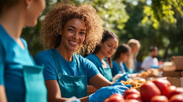 Volunteers Serving Food at a Community Event.Concept of food security, community service, humanitarian aid, charity, social responsibility, volunteerism, and poverty alleviation.
