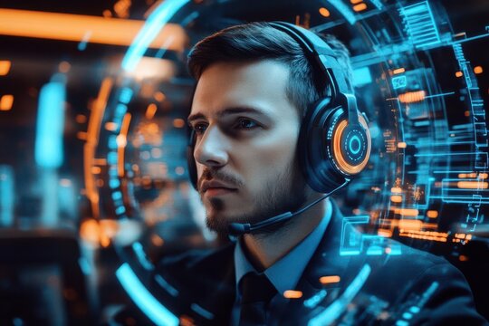 Call center agent interacting with virtual assistant, AI-enhanced support, futuristic technology