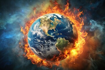 Aerial view of earth on fire due to Global Warming effect