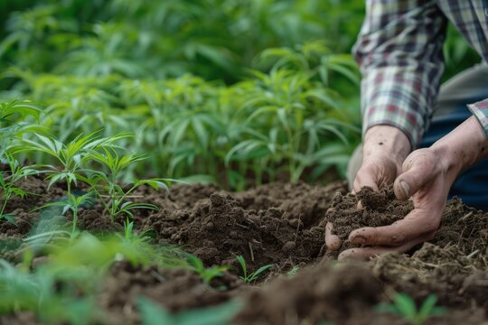 Farmer examining soil quality in a field of growing hemp plants