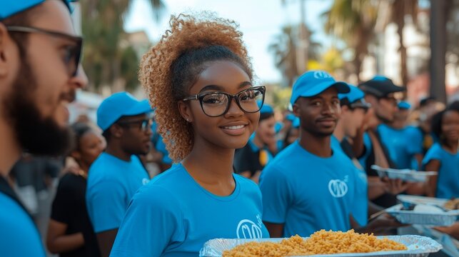 Volunteers Serving Food at a Community Event.Concept of food security, community service, humanitarian aid, charity, social responsibility, volunteerism, and poverty alleviation.
