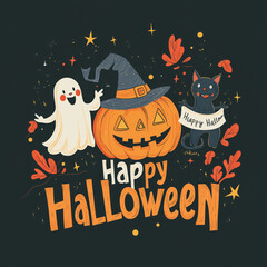 scary happy halloween card background as wallpaper with ghosts, pumpkin and witch	
