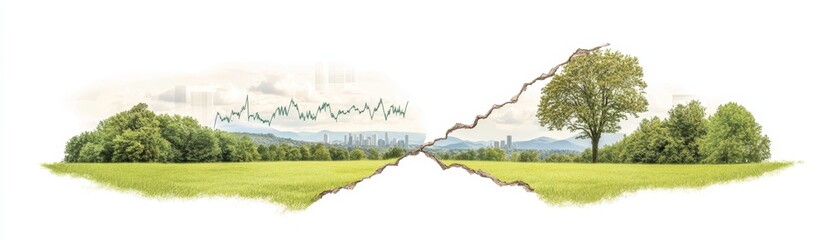 Fototapeta premium Urban resilience, broken tree stands defiant against city skyline a harmony of nature and cityscape