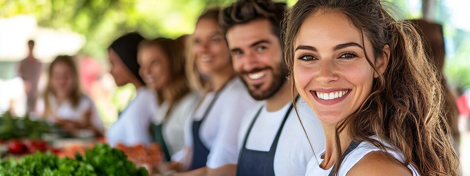 Volunteers Serving Food at a Community Event.Concept of food security, community service, humanitarian aid, charity, social responsibility, volunteerism, and poverty alleviation.