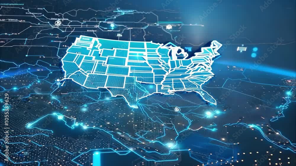 Poster a digital globe focusing on the united states, showcasing interconnected networks and data flow with