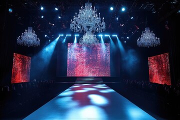 Empty fashion runway awaiting models under crystal chandeliers and stage lights