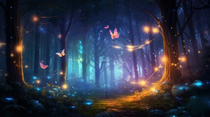 Fairytale forest with purple-blue haze and golden glowing butterflies