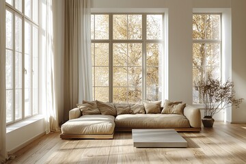 Fototapeta premium Modern Scandinavian interiors in residential living rooms with window-viewed comfortable sofas and tables. Generative AI 