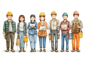 Construction workers team standing together holding plans and tablets