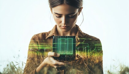 Woman holding a futuristic digital tablet with overlay of agriculture technology. Innovation in farming and environmental management concept.
