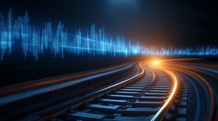 Journey on train tracks towards a beacon of light, symbol of hope, travel, and future destinations