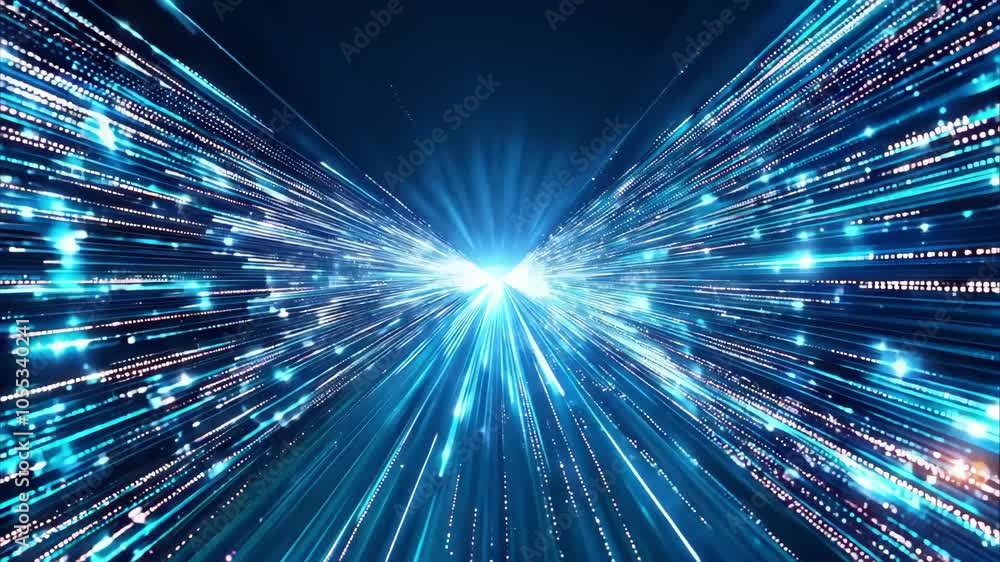 Poster a dynamic burst of blue and white light beams radiating outward, creating a sense of motion and dept
