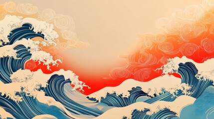 A painting of a wave with a red and orange sky in the background