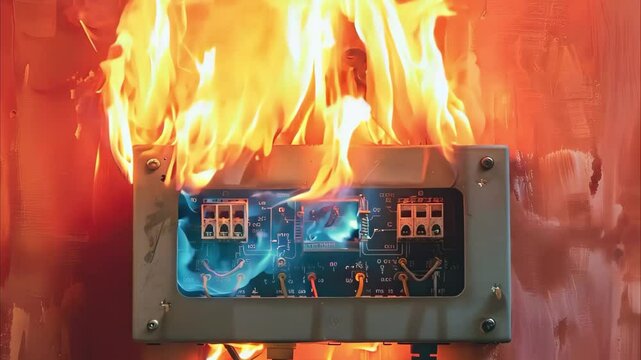 A circuit board is engulfed in flames, indicating a dangerous electrical fire situation.