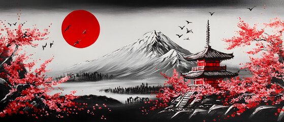 A red sun rises over a snow-capped mountain with a pagoda and cherry blossom trees.