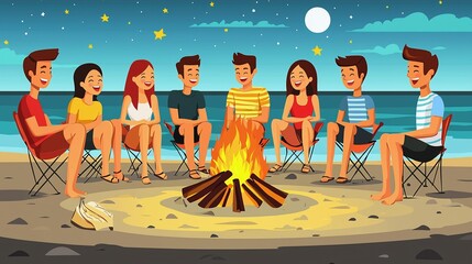 Friends Laughing Around a Beach Bonfire at Night – 2D Cartoon Illustration