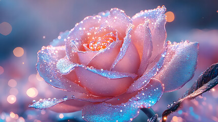 A single pink rose covered in sparkling dew drops, with a bokeh background.
