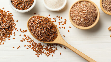 Assortment of flaxseeds and sesame seeds in bowls and a wooden spoon on a white wooden surface