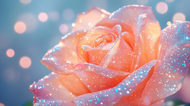 A single delicate pink rose with dew drops, soft blue background.