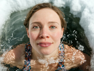 Fototapeta premium Portrait of a young woman swimming with head above water, smiling peacefully 