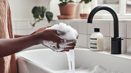 A high-resolution stock photo showcases a woman's hands holding a stained white cloth with fabric detergent nearby, set against a bright room with a washing machine, illuminated by natural light.