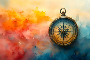 A compass rests on a vibrant watercolor background of swirling orange, yellow, and blue hues, symbolizing exploration and adventure.