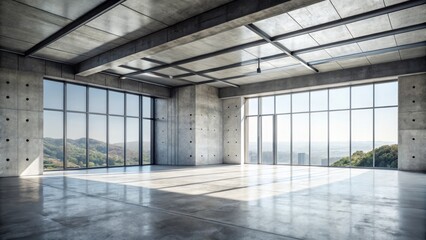 Modern concrete room featuring large windows and exposed structure, perfect for product photography. Minimalist design, abundant natural light 