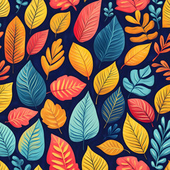 Colorful autumn leaves seamless pattern on dark blue background.