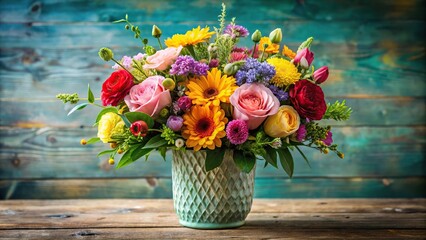 A bouquet of colorful mixed flowers arranged in a decorative vase with fresh greenery., botanical, home, arrangement, livingroom