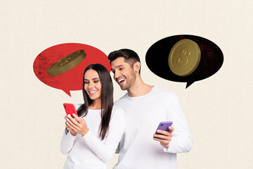 Composite photo collage of two happy girl guy hold phone freelancer coin usd income success...