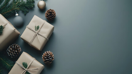 Naklejka premium Festive Christmas gifts with pine cones and ornaments on a gray background.