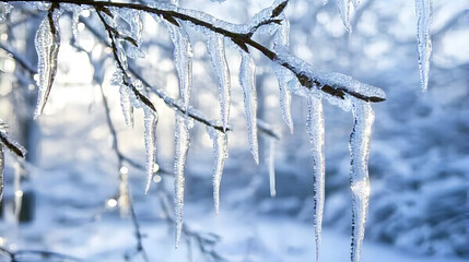 Icicles hanging from a tree branch in a wintery scene.