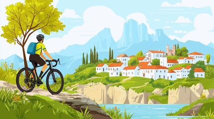 Cyclist Relaxing on Hilltop with Scenic Village View - 2D Cartoon Illustration