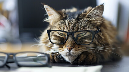 A scientist cat with glasses reads accounting documents, humor a business colleague