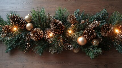 Festive Pinecone Garland with Golden Baubles and Lights