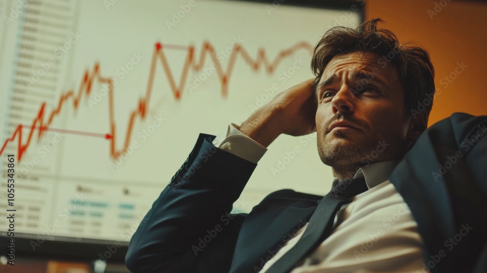 Poster a man in a suit is sitting in front of a large monitor with a red line on it