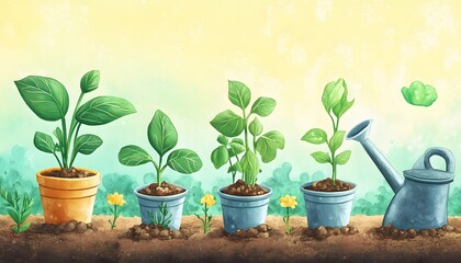 Obraz premium Five potted plants in a row with a watering can