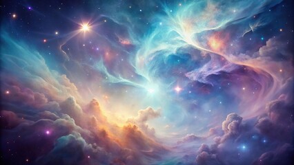 Fototapeta premium A serene and peaceful nebula with soft pastel colors and delicate wispy tendrils, astronomy equipment, galaxy cluster, rocket, celestial body, satellite