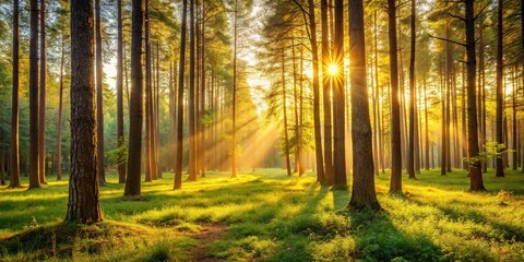 Obraz premium A serene forest scene with trees bathed in a soft golden light during the late afternoon hours, rural scenery, evening mist, outdoor wonder, woodland landscape, golden light