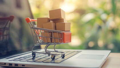 E-Commerce Symbol with Mini Cart and Packages on Laptop Keyboard