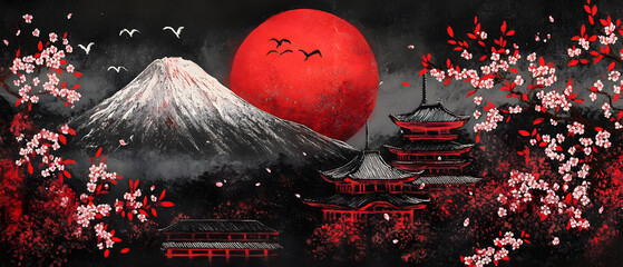 Snowy mountain peak with red moon and cherry blossom trees.