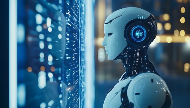 A futuristic robot with a sleek white and black design standing beside a large glowing screen.