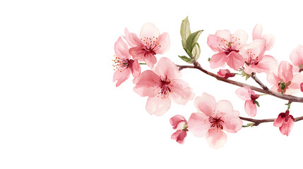 Naklejka premium Watercolor painting of a branch with delicate pink cherry blossoms on a white background.