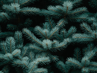 Close-up of evergreen pine needles with snow, winter nature detail
